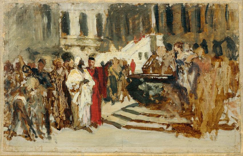 Leopold Carl Müller, Skizze zum Gemälde "Arabische Kaufleute in Venedig", nach 1873, Öl auf Lei…