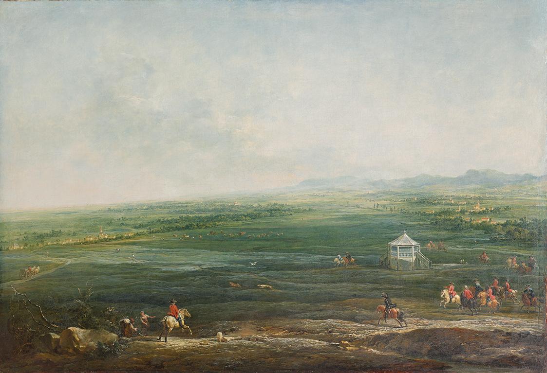 Johann Christian Brand, Laxenburg vom Münkendorfer Lusthaus gegen Südwest, wohl 1758, Öl auf Le…