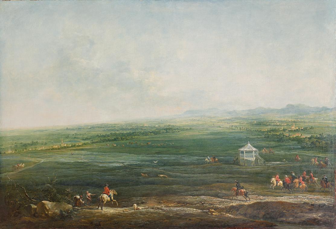 Johann Christian Brand, Laxenburg vom Münkendorfer Lusthaus gegen Südwest, wohl 1758, Öl auf Le…