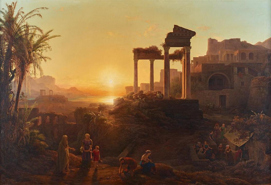 Károly Markó d. Ä., Landschaft mit Sonnenuntergang, 1847, Öl auf Leinwand, 155 x 244 cm, Belved…