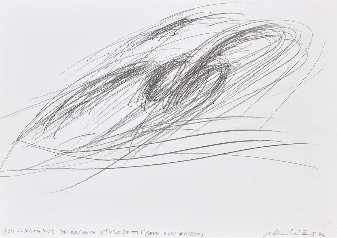 Gerhard Rühm, ICH – IRGENDWO DA DRINNEN EINGEBETTET (ODER DORT DRAUSSEN), 1976, Bleistift auf P…