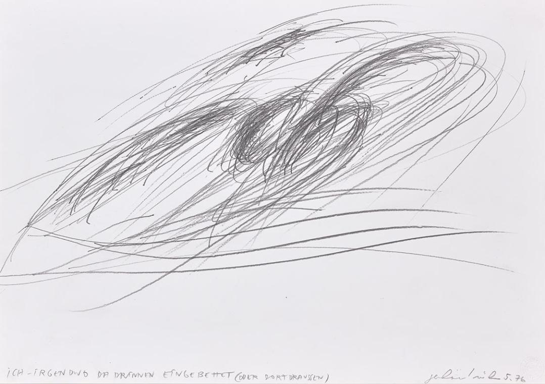 Gerhard Rühm, ICH – IRGENDWO DA DRINNEN EINGEBETTET (ODER DORT DRAUSSEN), 1976, Bleistift auf P…