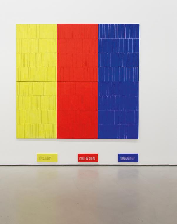 Oswald Oberhuber, Theologie und Jurisprudenz, 2009, Acryl auf Leinwand, 3-teilig, 20 × 50 × 2 c…