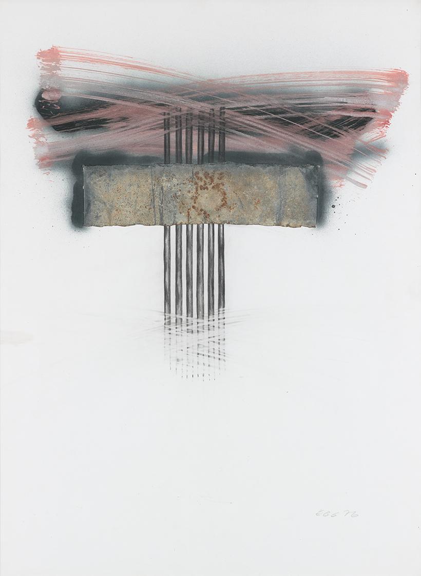 Loys Egg, Ohne Titel, 1976, Graphit, Eisenblech, Lack, Spray, 80 × 60 cm, Belvedere, Wien, Inv.…