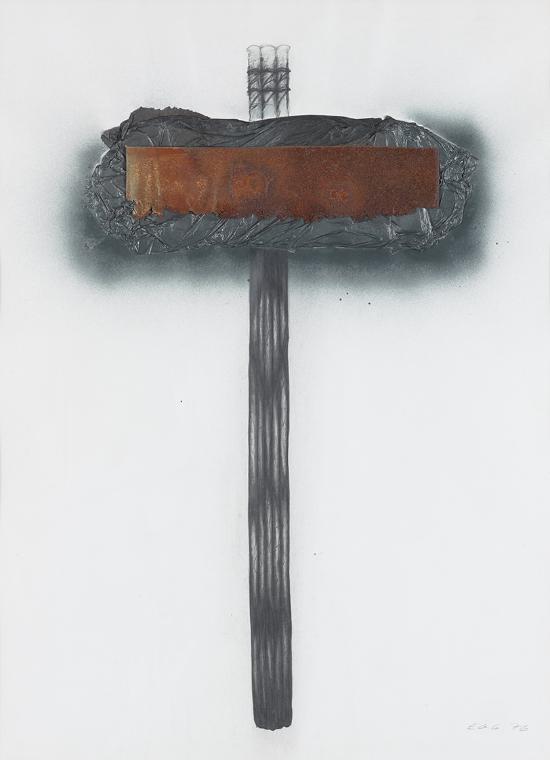 Loys Egg, Ohne Titel, 1976, Graphit, Wachskreide, rostiges Eisenblech, Seidenpapier, Spray, 80 …