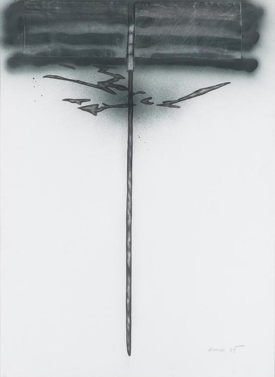 Loys Egg, Ohne Titel, 1975, Graphit, Wachskreide, Eisenblech, Spray, 80 × 60 cm, Belvedere, Wie…
