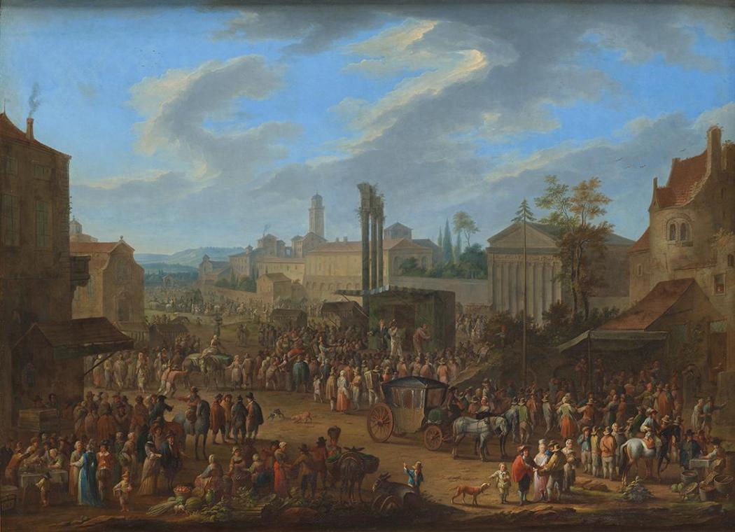 Franz de Paula Ferg, Jahrmarkt mit Tempel und Maibaum, wohl vor 1724, Öl auf Kupfer, 58 x 81 cm…