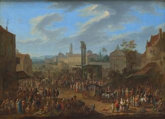 Franz de Paula Ferg, Jahrmarkt mit Tempel und Maibaum, wohl vor 1724, Öl auf Kupfer, 58 x 81 cm…