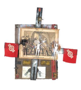 Philipp Goldscheyder, Ohne Titel - POLLY TICS, 2014, Assemblage auf Leinwand: Holz, Textil, Far…
