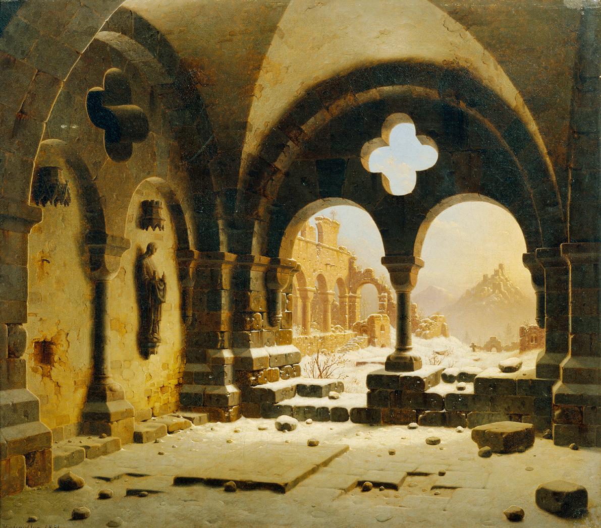 Karl Georg Adolph Hasenpflug, Klosterruine im Winter, 1851, Öl auf Leinwand, 37 x 42,5 cm, Belv…