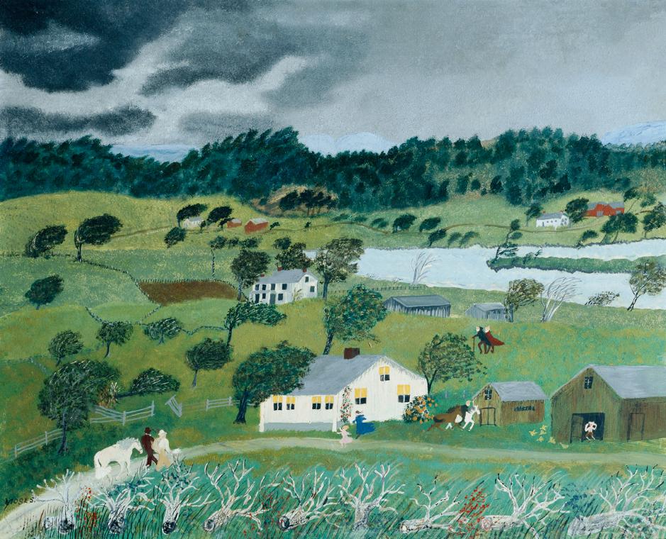 Anna Marie Robertson-Moses, Gewitterlandschaft mit Bauerngehöften, 1945, Öl auf Pressplatte, 41 ...