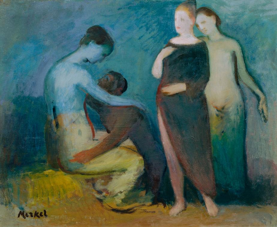 Georg Merkel, Liebespaar mit zwei Frauen, 1950/1958, Öl auf Holz, 38 x 46 cm, Belvedere, Wien, …