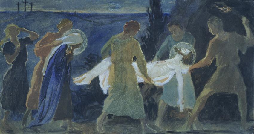 Josef Wawra, Grablegung, um 1920, Tempera auf Papier, 43 x 82 cm, Belvedere, Wien, Inv.-Nr. 925…