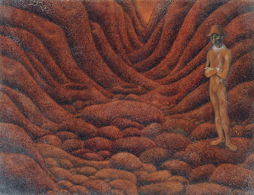 Helmut Kies, Clown in Landschaft, 1959, Öl auf Hartfaserplatte, 18,3 x 24 cm, Artothek des Bund…
