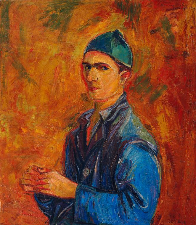 Maximilian Florian, Selbstbildnis mit blauem Arbeitsmantel, 1936-1947, Öl auf Leinwand, 80 x 69…