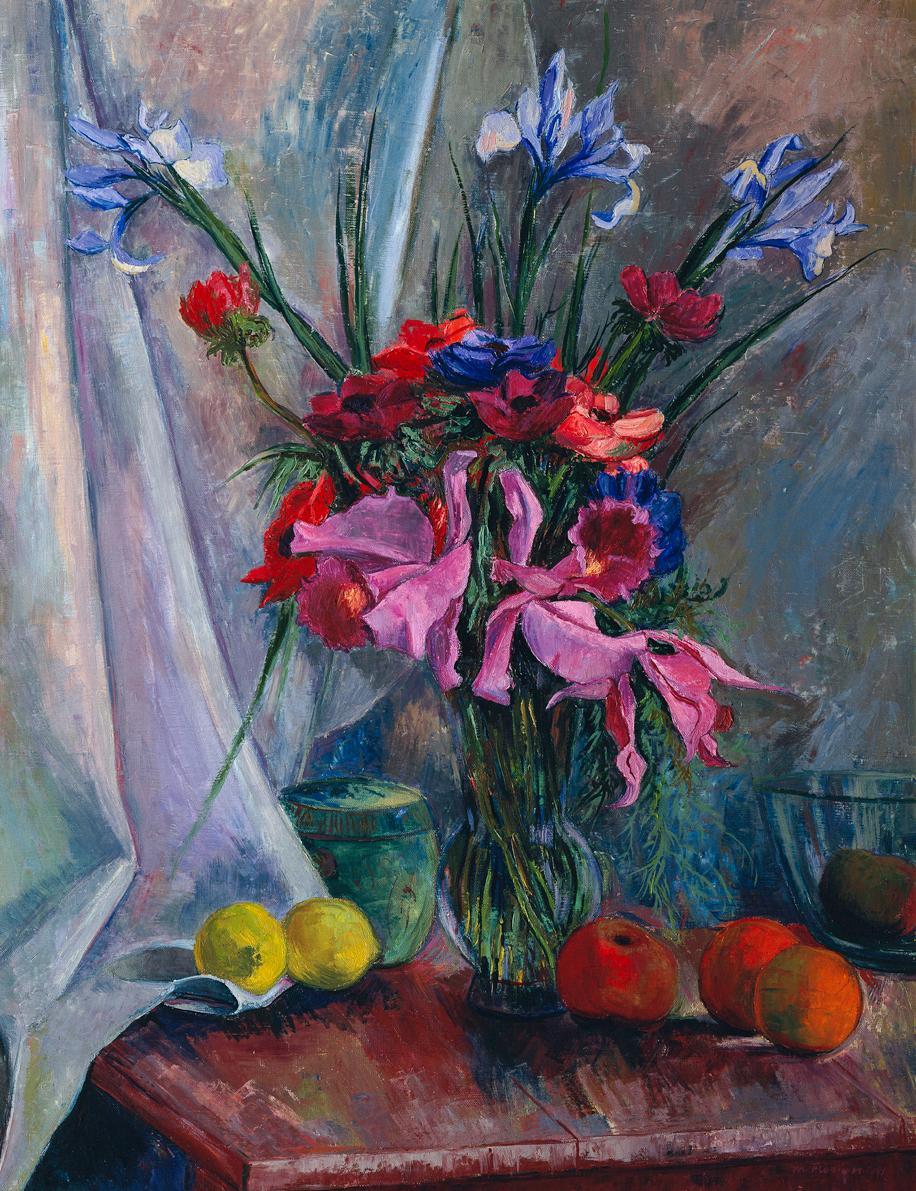 Maximilian Florian, Blumenstück mit Orchideen und Früchten, 1941, Öl auf Leinwand, 87,5 x 69,5  ...