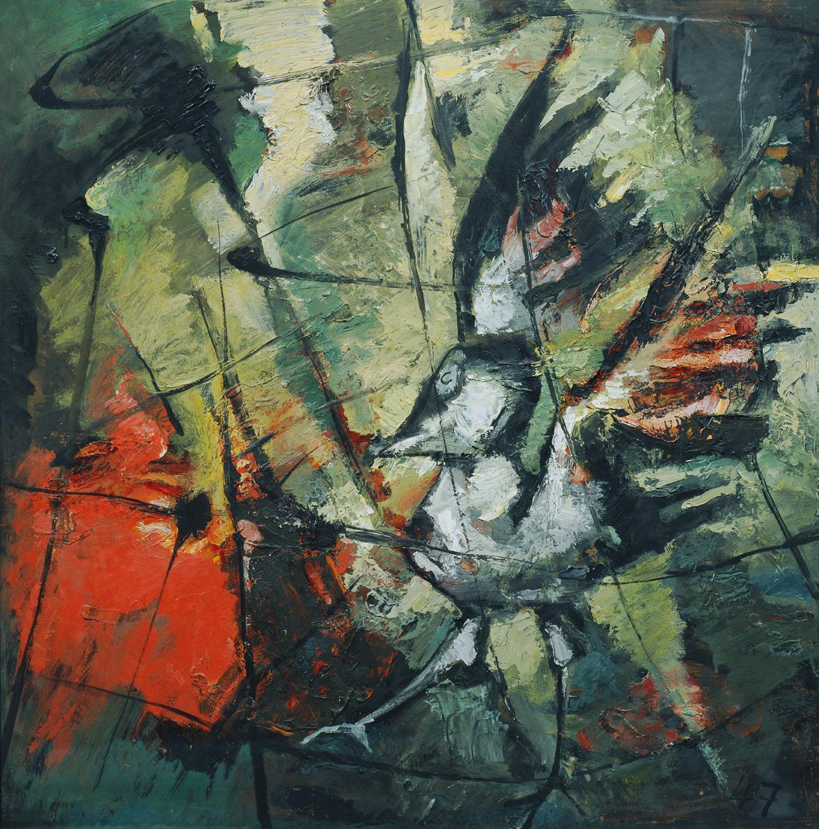 Werner Scholz, Gefangener Vogel, 1947, Öl auf Karton, 75,5 x 75,5 cm, Belvedere, Wien, Inv.-Nr. ...