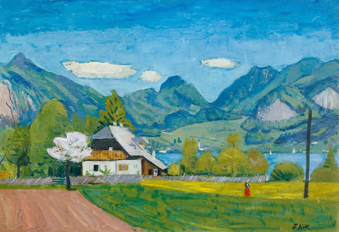 Ferdinand Kitt, Wolfgangsee - Frühlingslandschaft, undatiert, Öl auf Pressspanplatte, 62,5 x 91 ...