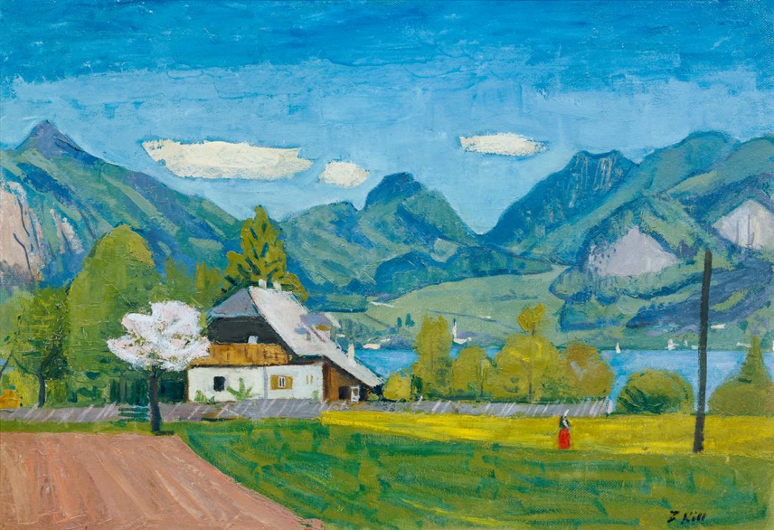 Ferdinand Kitt, Wolfgangsee - Frühlingslandschaft, undatiert, Öl auf Pressspanplatte, 62,5 x 91…