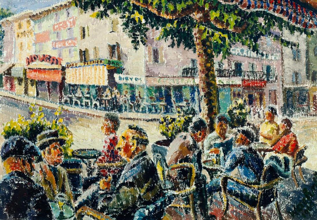 Trude Waehner, Café Provencal, 1960, Öl auf Leinwand, 50 x 73 cm, 1972 Artothek des Bundes, Dau…