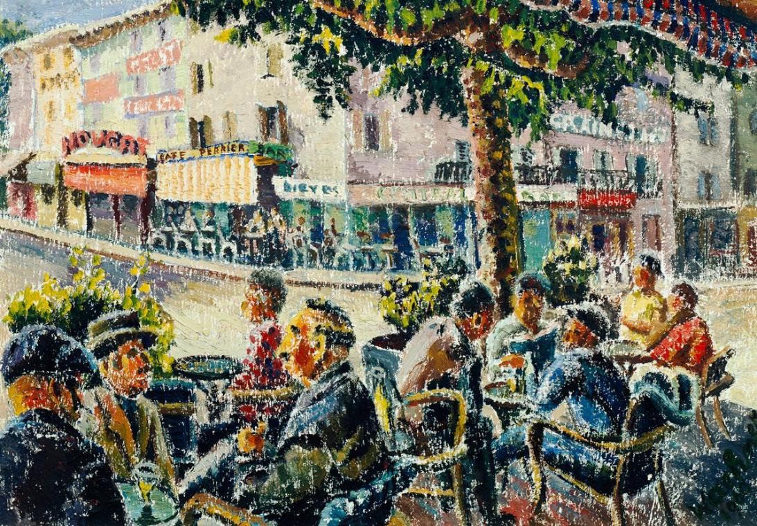 Trude Waehner, Café Provencal, 1960, Öl auf Leinwand, 50 x 73 cm, 1972 Artothek des Bundes, Dau ...