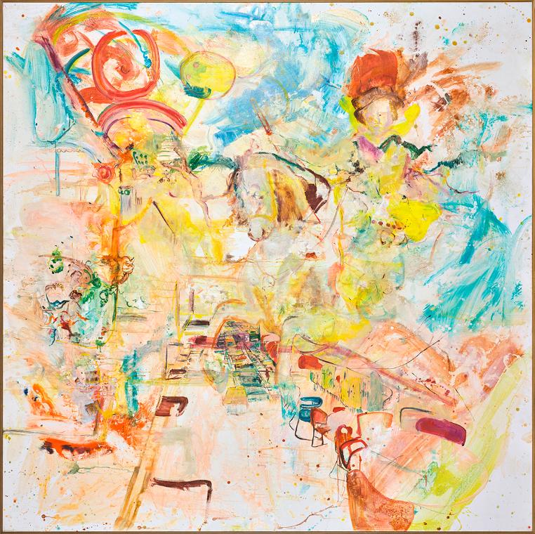 Isa Schmidlehner, Damenklasse, 2006, Acryl, Öl und Aquarellfarbe auf Leinwand, 250 × 250 cm, Sc…