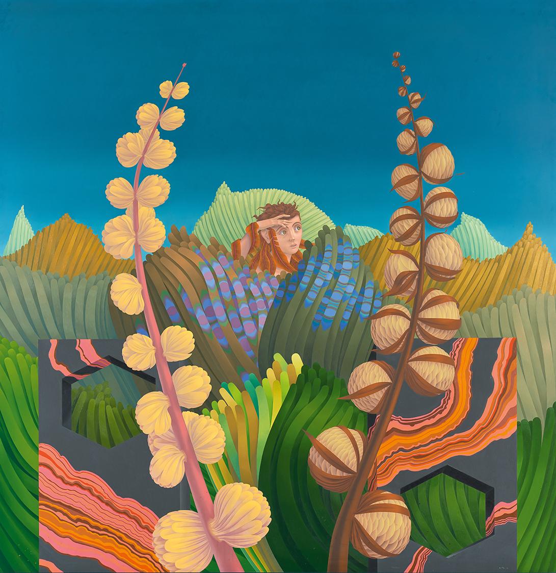 Wolfgang Hutter, Der Suchende (aus dem Zyklus "Die Federenmenschen"), 1975, Öl auf Holzfaserpla…