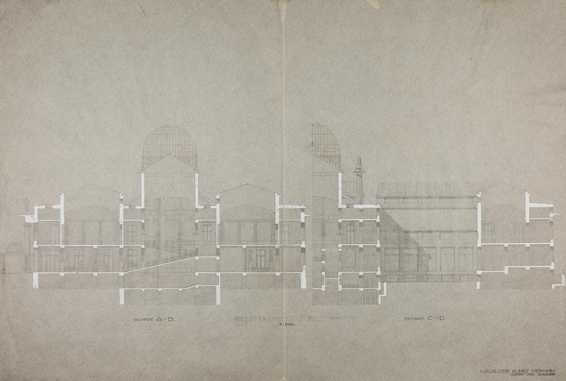 Otto Wagner, Projekt für ein "Haus der Kunst MCM-MM", 1913, Bleistift, Deckweiß, Tusche auf Tra…