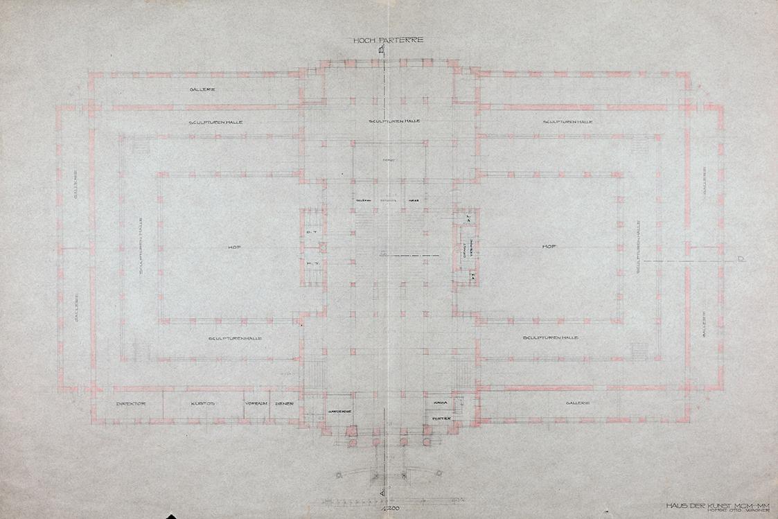 Otto Wagner, Projekt für ein "Haus der Kunst MCM-MM", 1913, Bleistift, rote Kreide, Tusche auf …