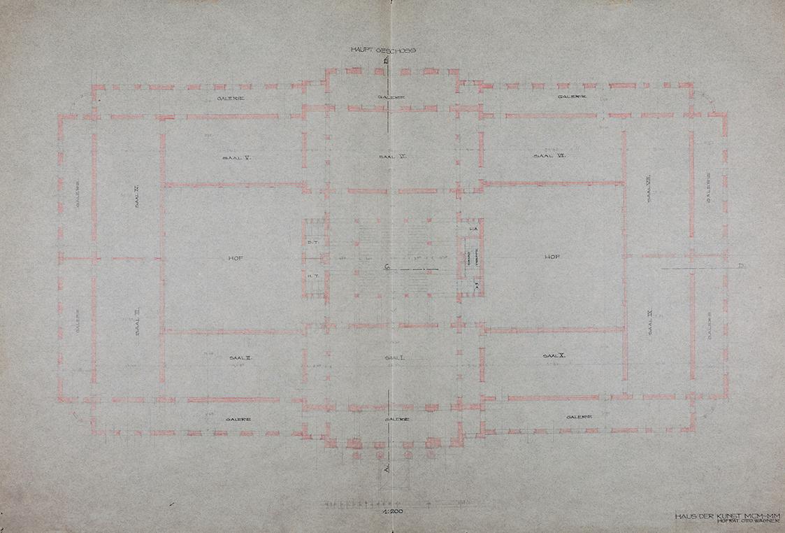 Otto Wagner, Projekt für ein "Haus der Kunst MCM-MM", 1913, Bleistift, rote Kreide, Tusche auf …