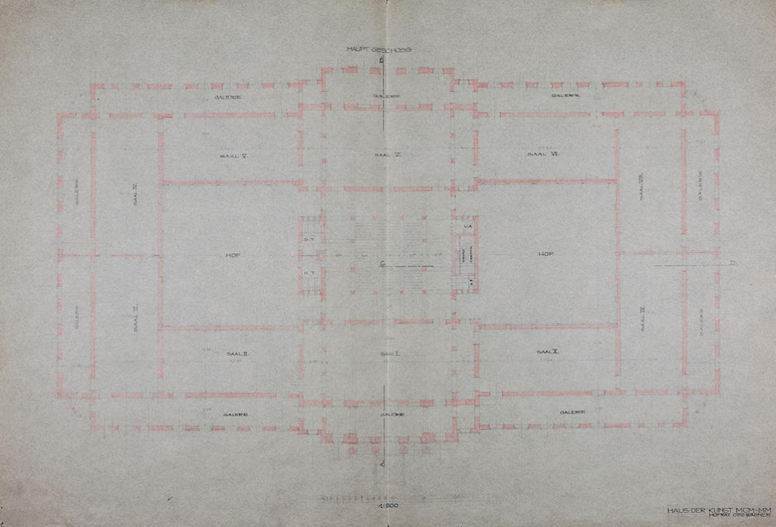 Otto Wagner, Projekt für ein "Haus der Kunst MCM-MM", 1913, Bleistift, rote Kreide, Tusche auf …