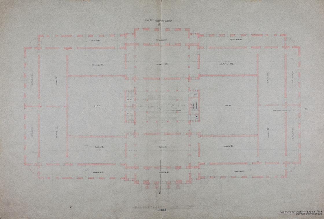 Otto Wagner, Projekt für ein "Haus der Kunst MCM-MM", 1913, Bleistift, rote Kreide, Tusche auf  ...