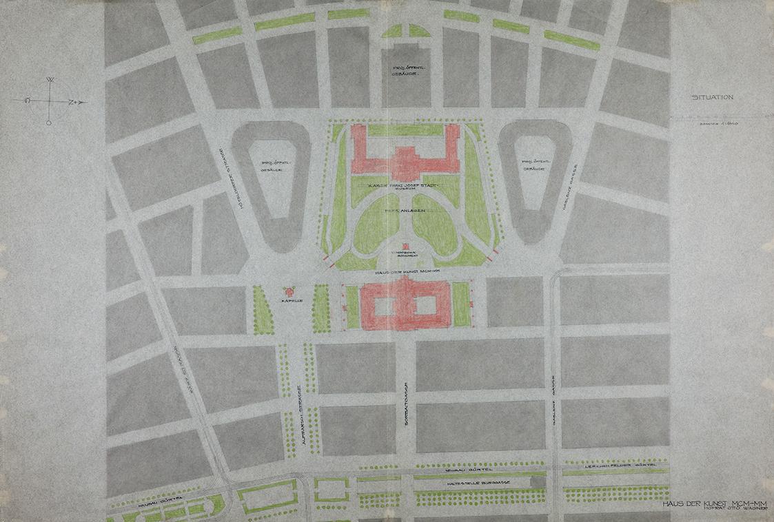 Otto Wagner, Projekt für ein "Haus der Kunst MCM-MM", 1913, Bleistift, Tusche, Farbkreide auf T…