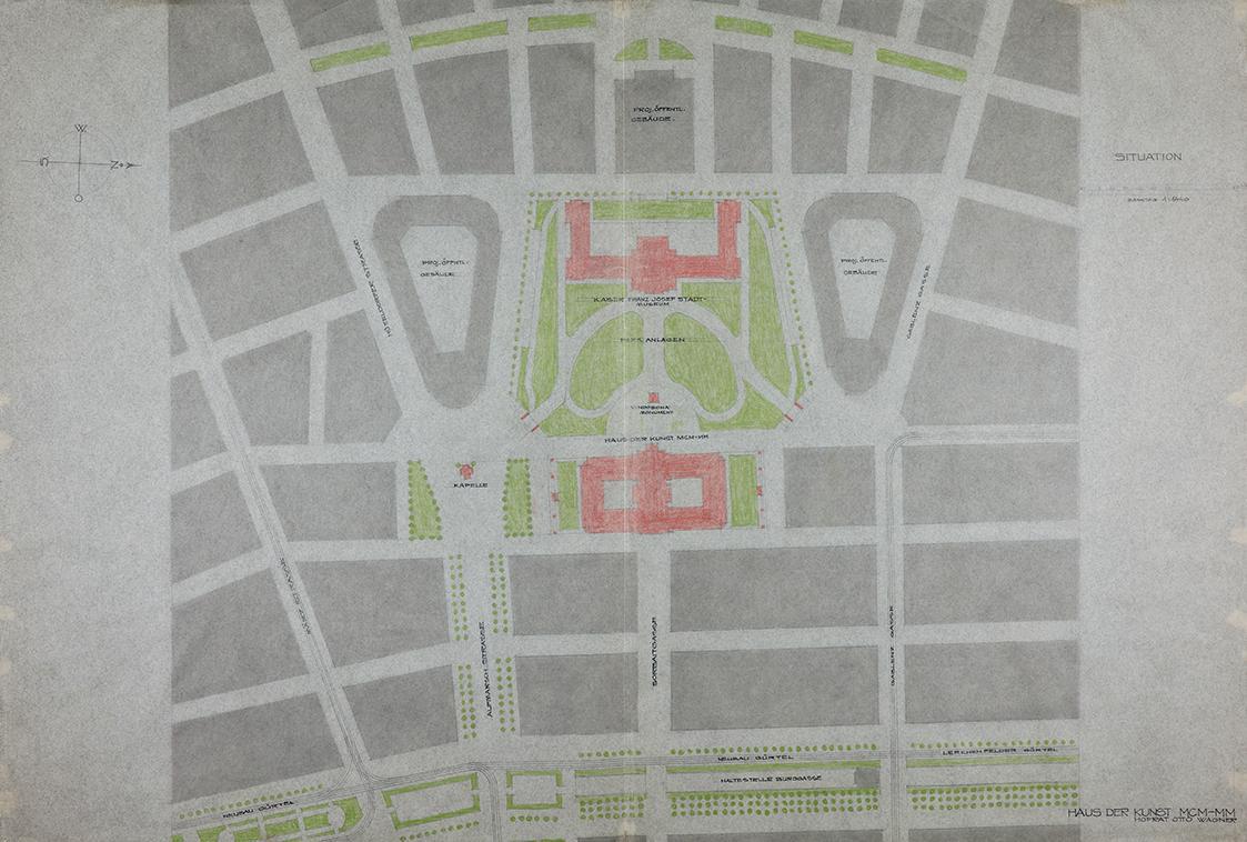 Otto Wagner, Projekt für ein "Haus der Kunst MCM-MM", 1913, Bleistift, Tusche, Farbkreide auf T ...