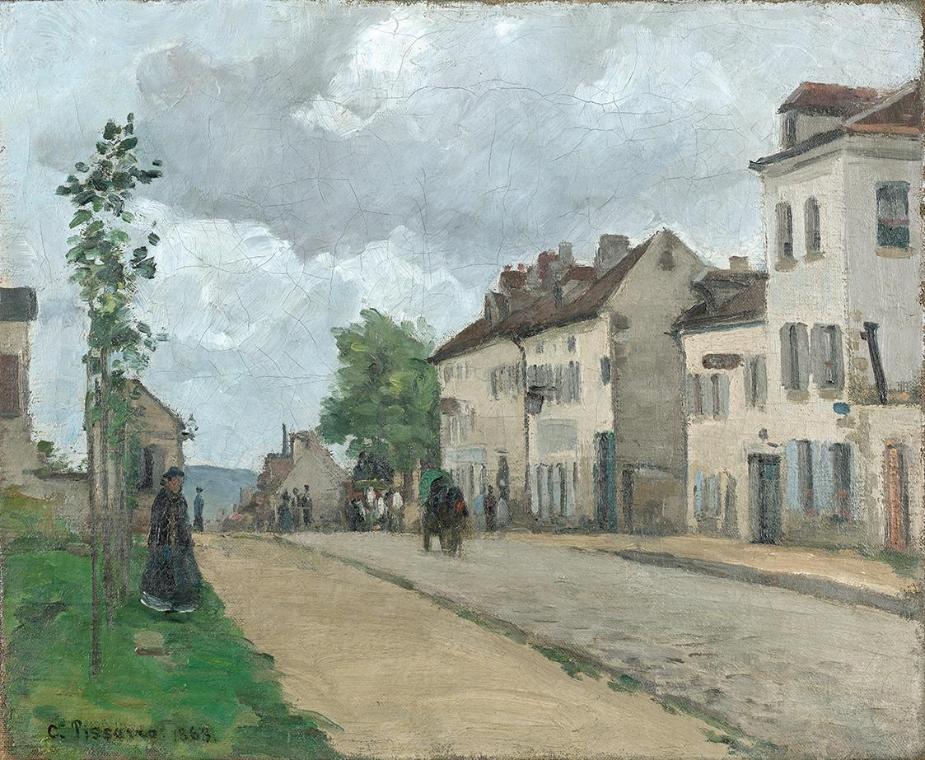 Camille Jacob Pissarro, Straße in Pontoise (Rue de Gisors), 1868, Öl auf Leinwand, 38,5 x 46,2 …
