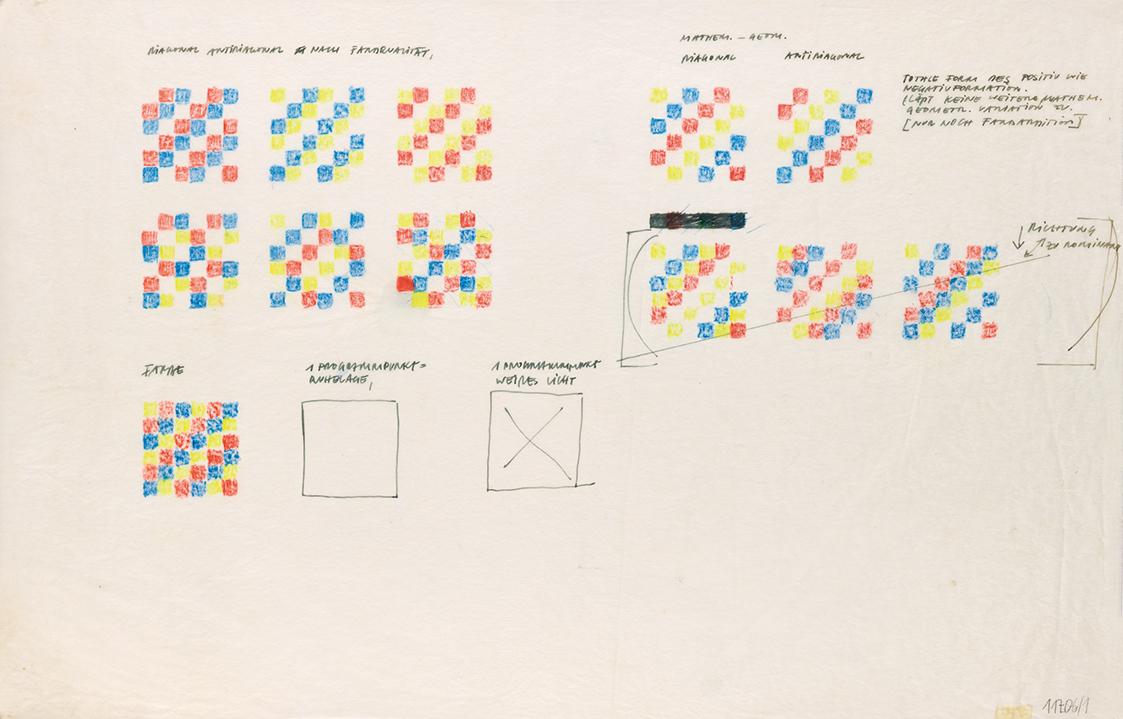 Richard Kriesche, Entwurfskizze, undatiert, Faserschreiber und Kreide auf Transparentpapier, 29…