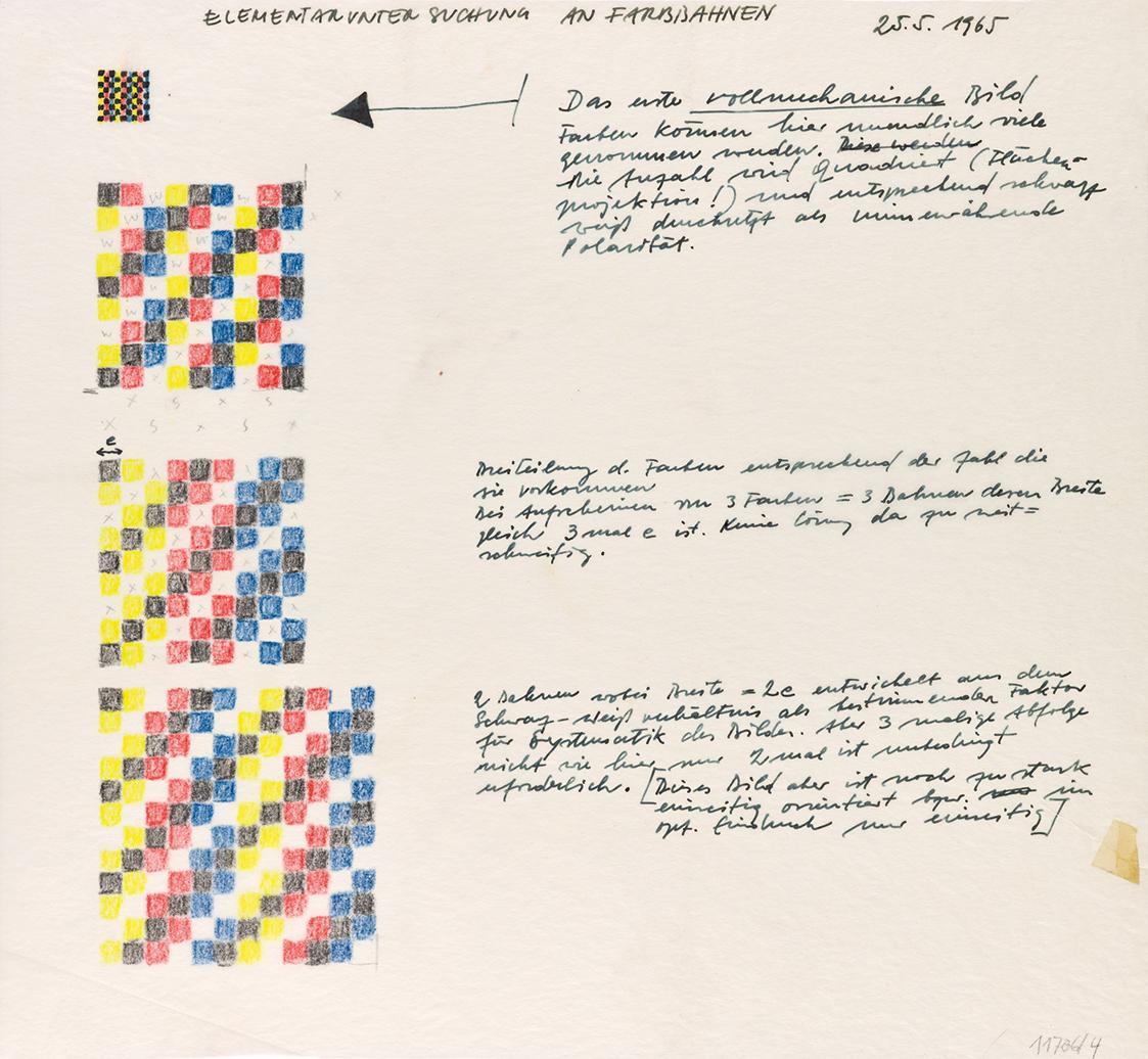 Richard Kriesche, Entwurfskizze – Elementaruntersuchung an Farbbahnen, undatiert, Faserschreibe ...