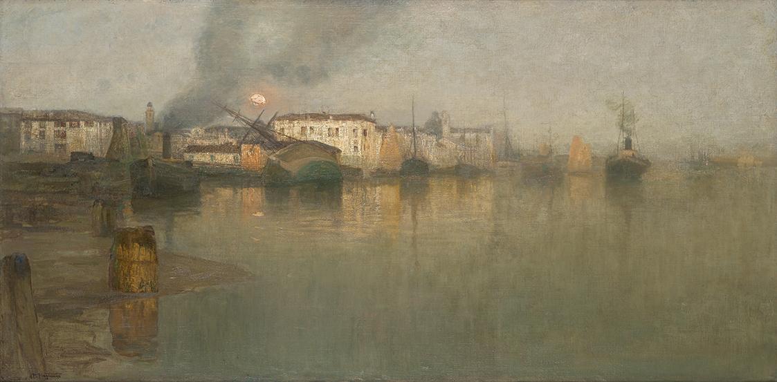 Pietro Fragiacomo, Venedig ("Fra sole e luna"), 1908, Öl auf Leinwand auf Holz, 90 x 182 cm, Be ...