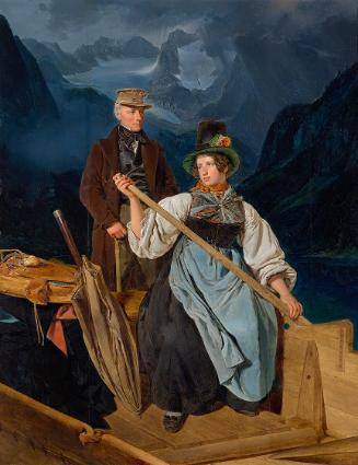 Franz Eybl, Kahnfahrt des Malers Franz Steinfeld über den Gosausee, 1837, Öl auf Holz, 48,5 × 3…