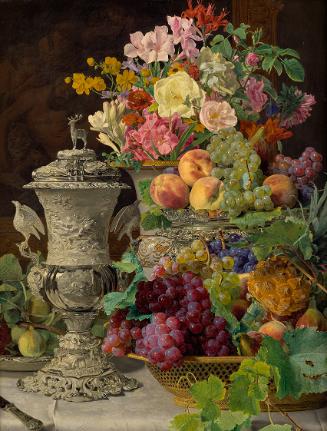Ferdinand Georg Waldmüller, Stillleben mit Früchten, Blumen und silbernem Pokal, 1839, Öl auf H…