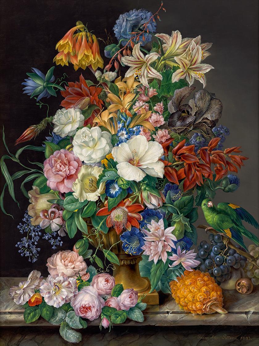 Franz Xaver Petter, Blumenstück mit Ananas, Weintrauben und Papagei, 1833, Öl auf Holz, 95 x 73 ...