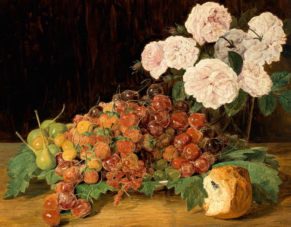 Ferdinand Georg Waldmüller, Stillleben mit Rosen, Erdbeeren und Brot, 1827, Öl auf Holz, 29 x 3 ...