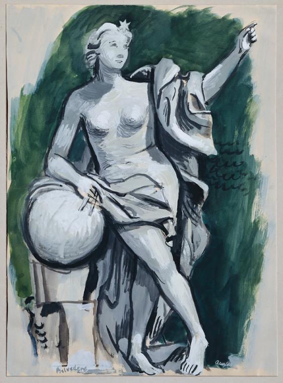 Eduard Bäumer, Statue der Urania im Belvederepark, 1940, Aquarell, Deckfarben, Deckweiß auf Pap…