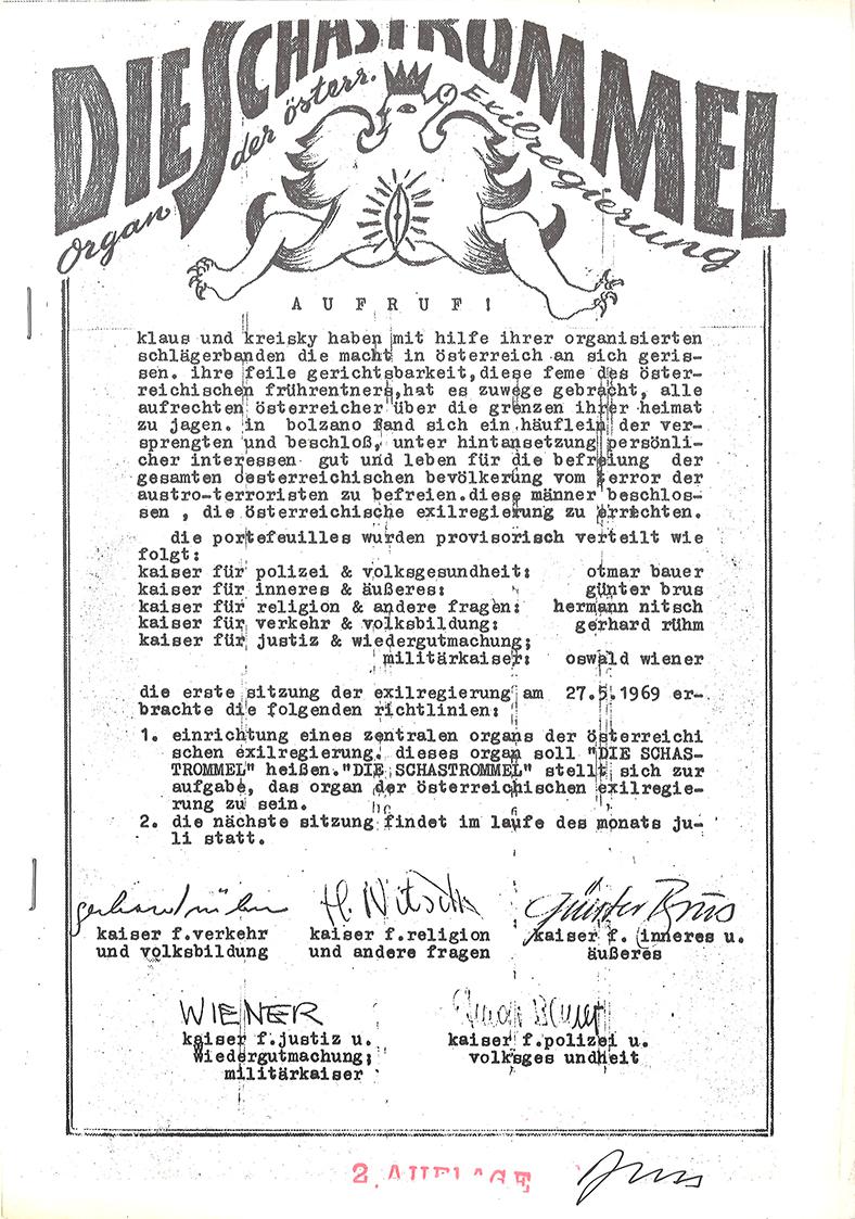 Günter Brus (u.a.), Die Schastrommel, 1969, Papier (Faksimile), geheftet,4 Blatt: 29,8 × 21 × 0…