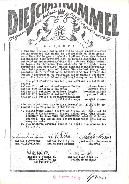 Günter Brus (u.a.), Die Schastrommel, 1969, Papier (Faksimile), geheftet,4 Blatt: 29,8 × 21 × 0…