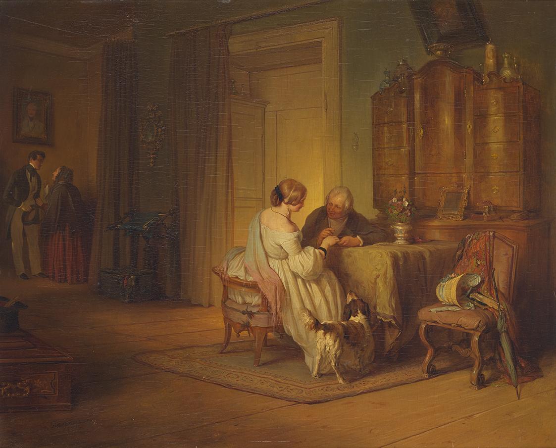 Josef Danhauser, Die Brautwerbung, 1844, Öl auf Holz, 45 × 47 cm, Belvedere, Wien, Inv.-Nr. Lg …