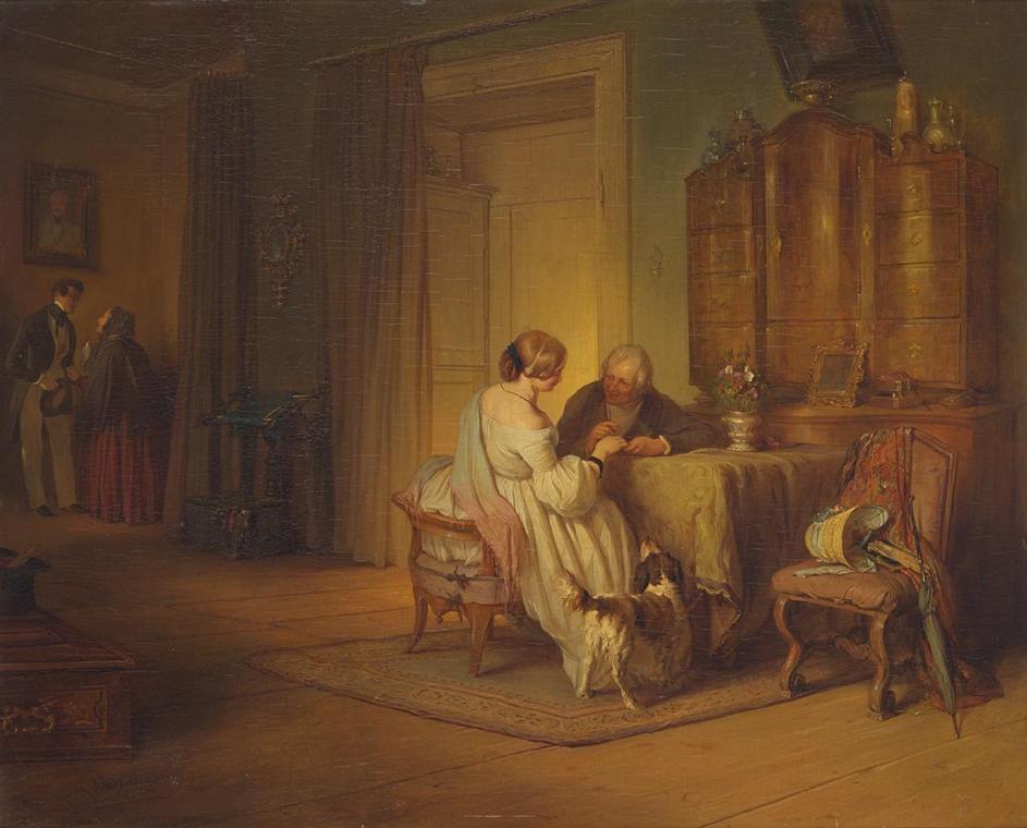 Josef Danhauser, Die Brautwerbung, 1844, Öl auf Holz, 45 × 47 cm, Belvedere, Wien, Inv.-Nr. Lg …