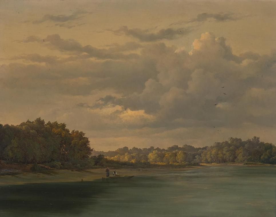 Josef Kriehuber, Praterlandschaft an der Donau, 1856, Öl auf Holz, 37 × 47 cm, Belvedere, Wien,…
