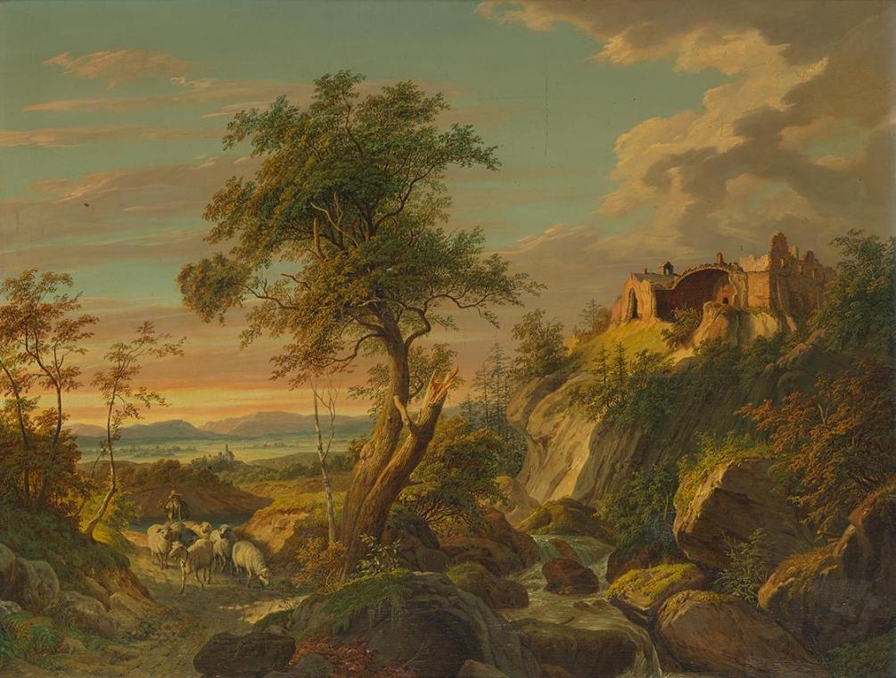 Matthias Rudolf Toma, Landschaft mit Schafherde und Schloßruine, 1851, Öl auf Holz, 60 × 77 cm, ...