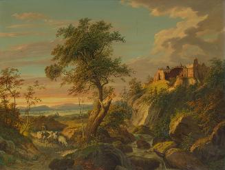 Matthias Rudolf Toma, Landschaft mit Schafherde und Schloßruine, 1851, Öl auf Holz, 60 × 77 cm,…